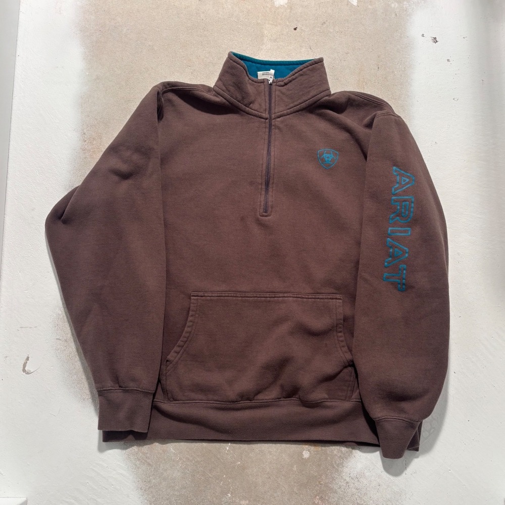 Ariat REAL Womens XL Brown Turquoise Quarter Zip Fleece Pullover Sweatshirt